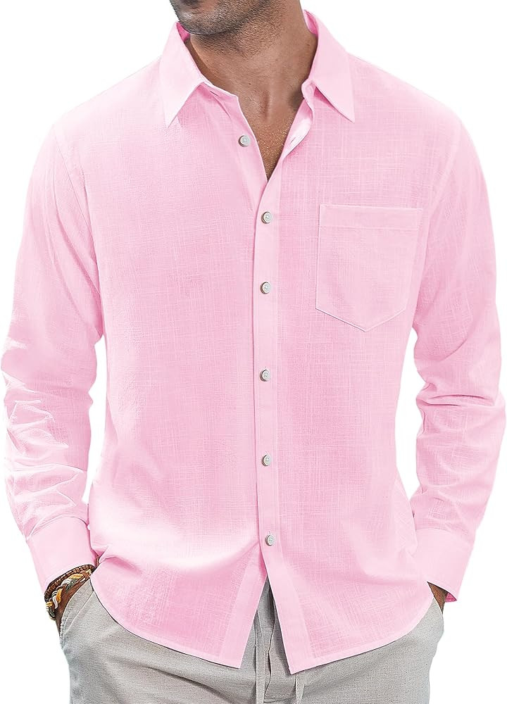 J.VER Men's Linen Shirts Casual Button Down Long Sleeve Shirt Solid Spread Collar Summer Beach Sh... | Amazon (US)