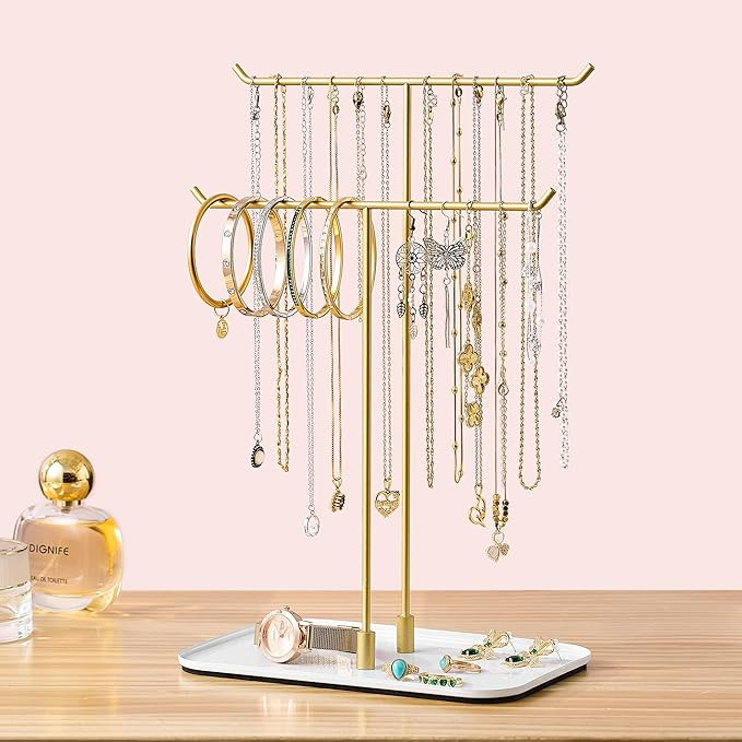 Gold Jewelry Organizer Necklace Holder Stand: 2-Tier T-Bar Display with White Metal Tray, Holds N... | Amazon (US)