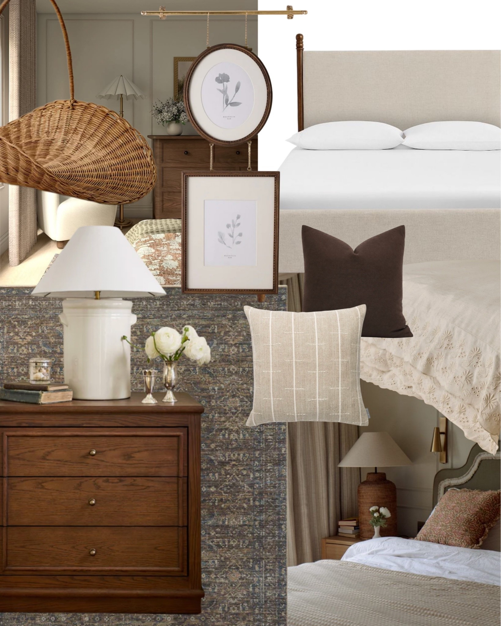 Soft, classic finds for a bedroom that feels restful, shown here in full. The woven pendant and framed botanical prints anchor the wall above the nightstand, while the layered pillows and eyelet bedding keep the whole room feeling soft rather than staged.

All linked here 🤍 #LTKhome