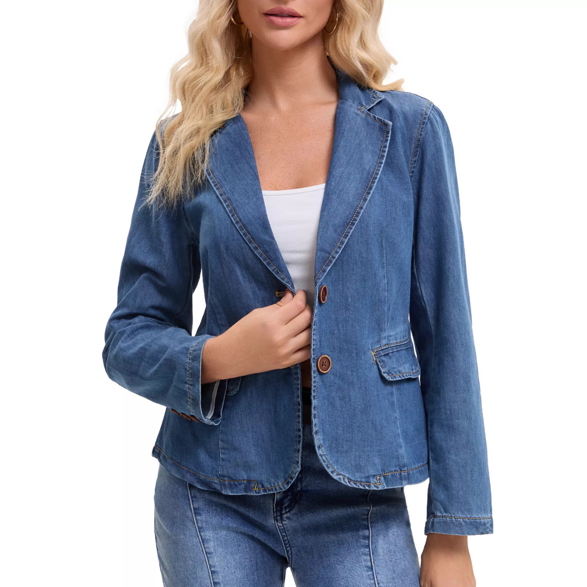 Women's Denim Jacket Notched Lapel Collar Long Sleeve Button Lightweight Fitted Denim Blazer | Kohl's