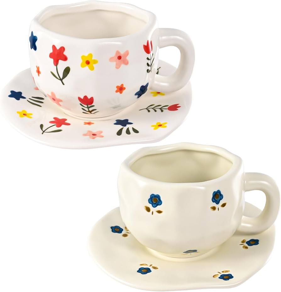 Ceramic Coffee Mug Vintage Flower Mugs 8 oz Cute Floral Coffee Cup Irregular Latte Art Cups for C... | Amazon (US)