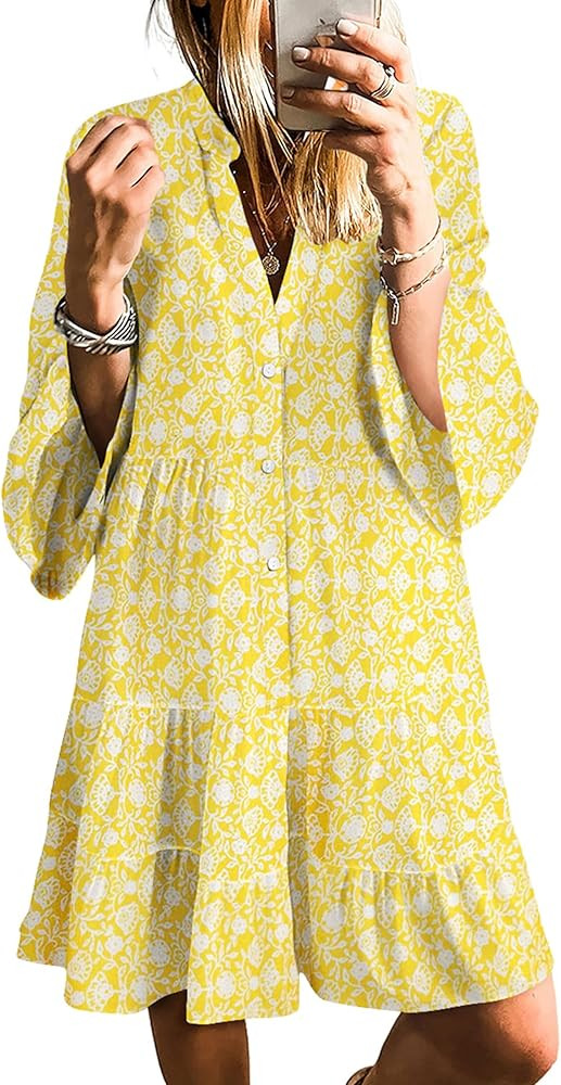 SELINK Womens Long Sleeve Dresses Casual V Neck Tribal Print Button Flowy Boho Mini Beach Dress | Amazon (US)