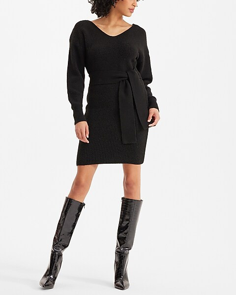 V-neck Long Sleeve Belted Sweater Dress | Express