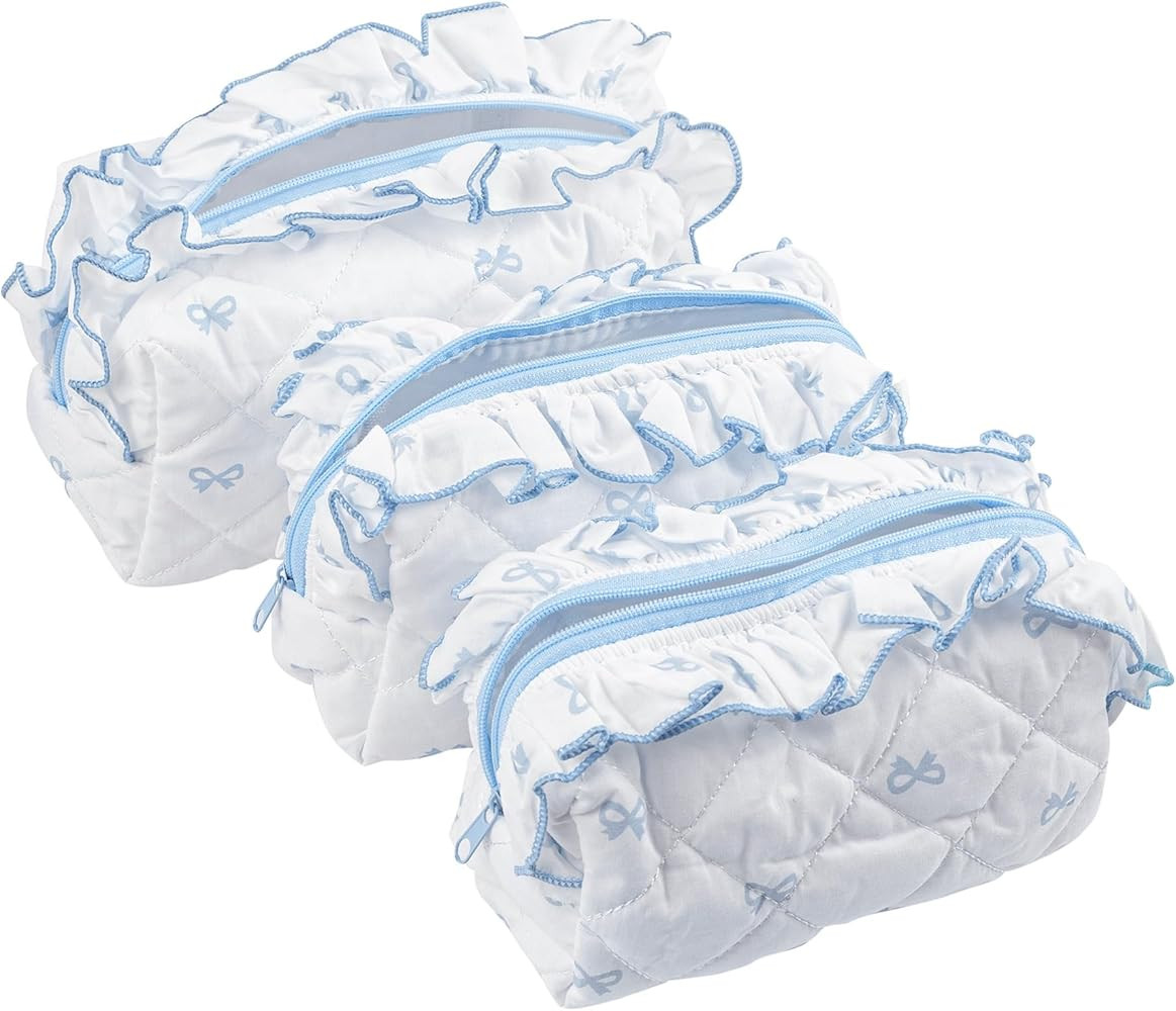 Framendino, 3 Pack Blue Bow Quilted Makeup Bag Coquette Aesthetic Ruffles Cosmetics Pouch Bowknot... | Amazon (US)