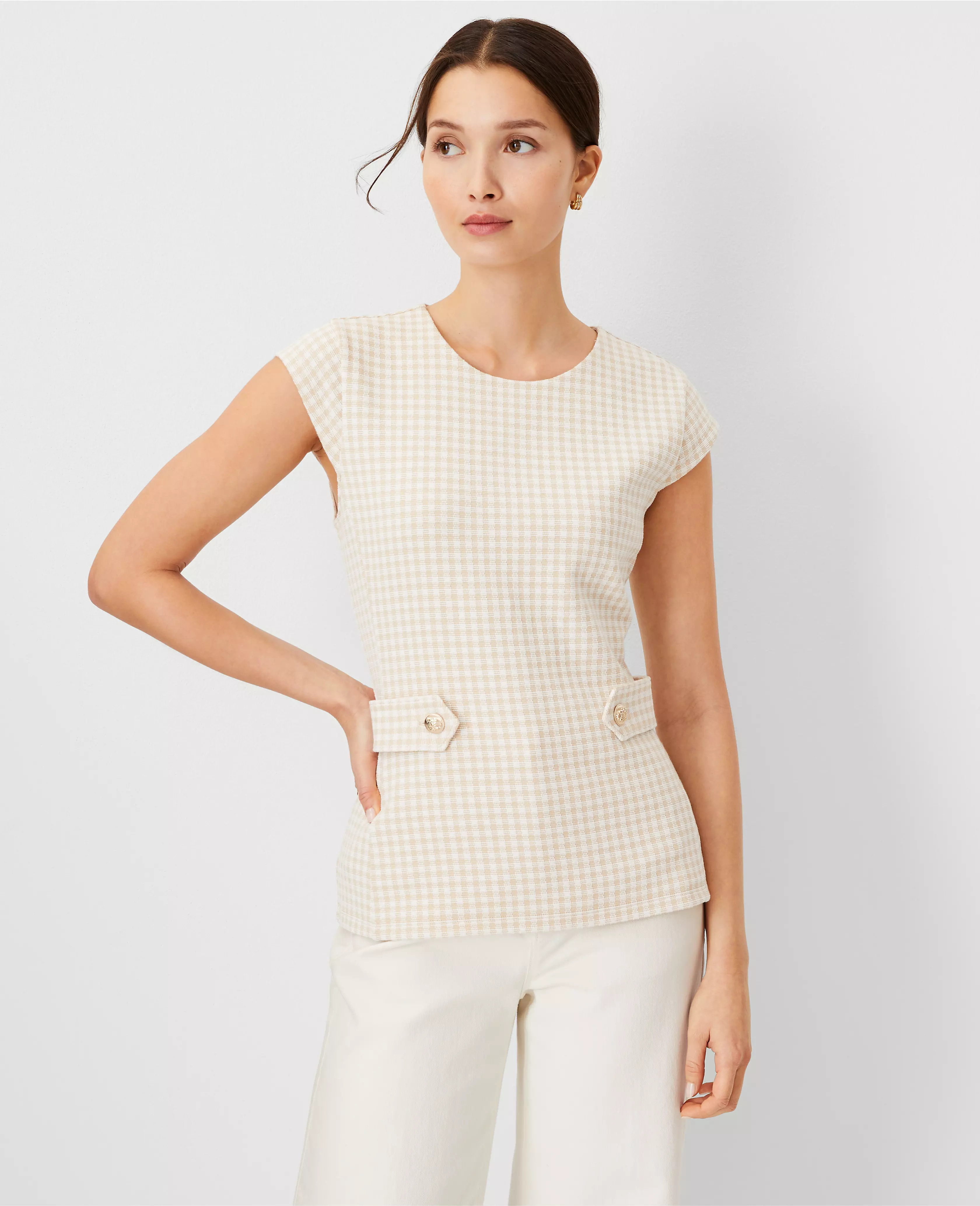 Petite Gingham Button Waist Top | Ann Taylor (US)