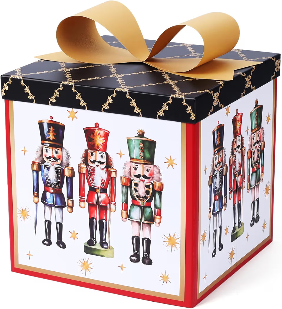 LaRibbons Large Christmas Gift Boxes with Lids, 10x10x10 Inches Nutcracker Design Folding Square ... | Amazon (US)