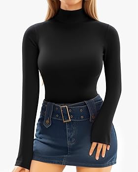 MANGOPOP Women's Mock Turtle Neck Long Sleeve Tops Bodysuit Jumpsuit | Amazon (US)