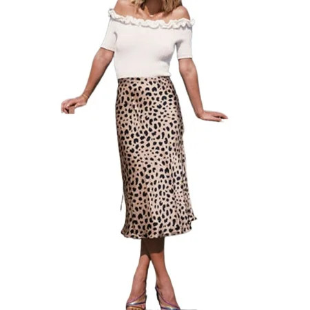 Women High Waist Leopard Print Skirt Midi Length Elasticized Waistband Silk Satin Cheetah Bodycon Skirts | Walmart (US)
