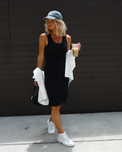 Lorena Cotton Blend Ribbed Side Slit Midi Dress - Black - FINAL SALE | VICI