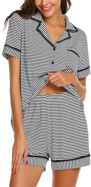 Pajamas Soft Striped Women's Short Sleeve Button Sleepwear Shorts Shirt PJ Set(S-XXL) | Amazon (US)