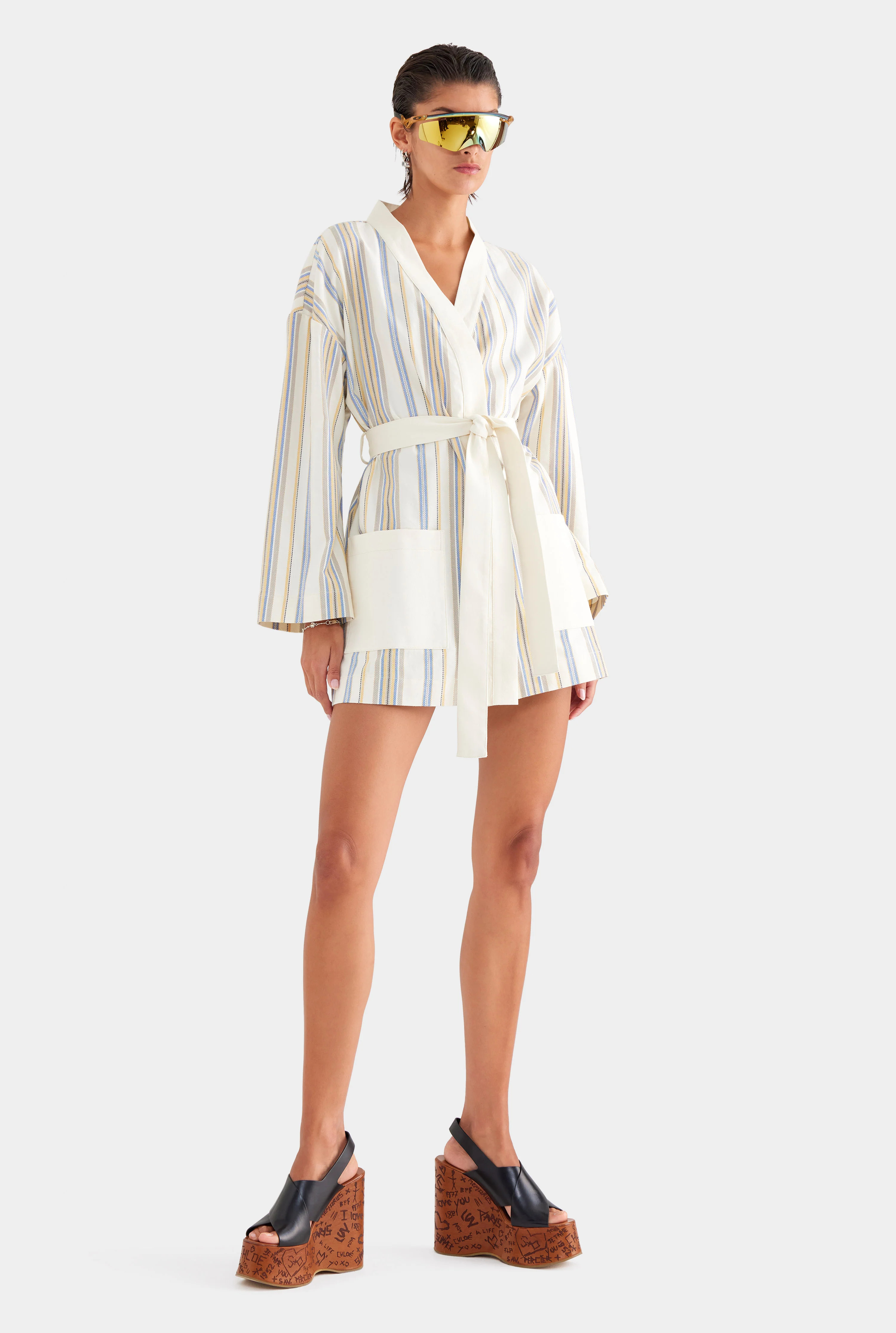 Womens Woven Stripe Robe in Cream/Blue/Yellow Stripe | Venroy | Venroy AU