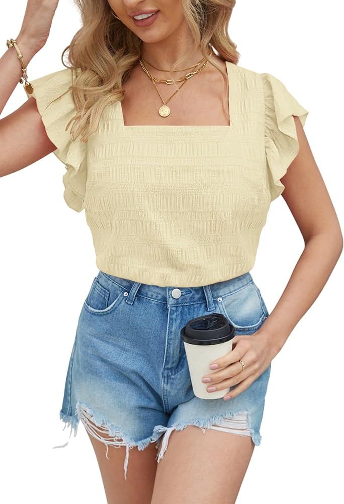MEROKEETY Women's 2024 Summer Ruffle Cap Sleeve Blouse Square Neck Textured Shirt Dressy Casual T... | Amazon (US)