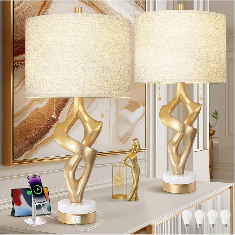 Scenekoy Sculptural Table Lamp Set of 2 with USB Ports for Bedroom Living Room, 26” Gold Leaf M... | Amazon (US)