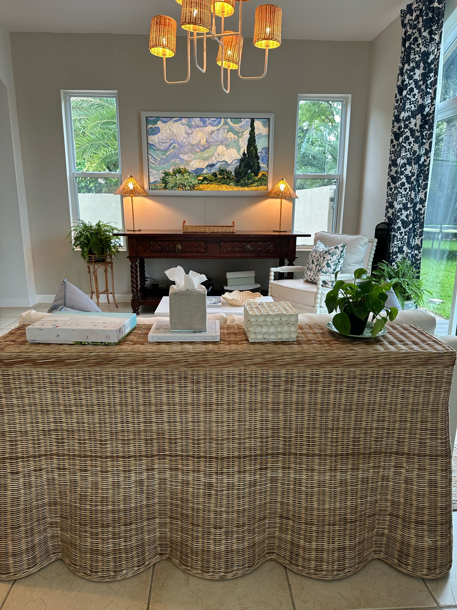 Coastal living room decor,
Lamp, console, chair, curtains 

#LTKHome
