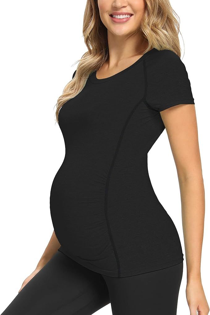 GLAMIX Women's Maternity Active Tops Short Sleeve Yoga Shirts Workout Athletic Pregnancy Clothes | Amazon (US)