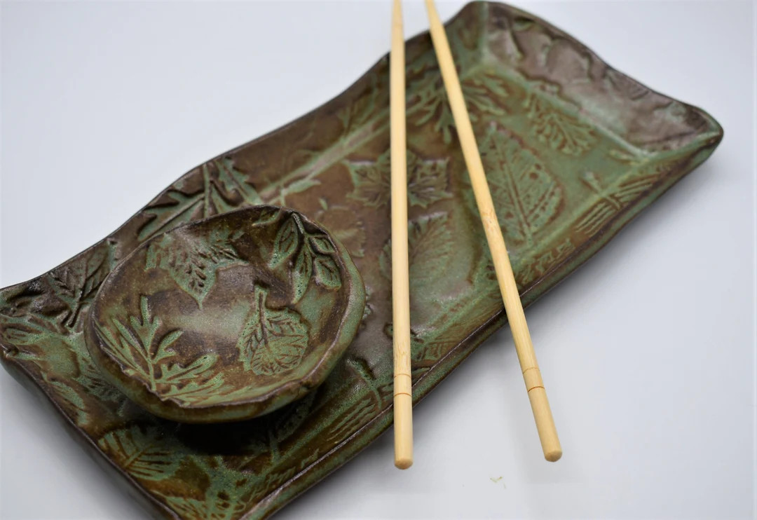 Sushi (Appetizer) Plate Set- Green leaf print | Etsy (US)