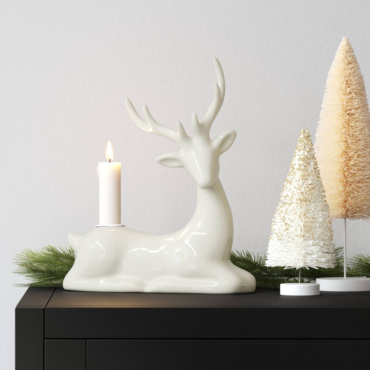 8.25" Taper Crackled Ceramic Deer Christmas Candle Holder White - Wondershop™ | Target