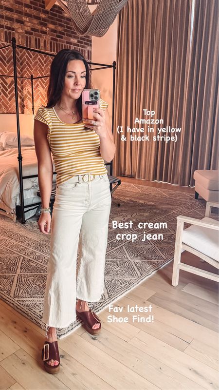 You guys love the cream crop jeans every time I share them! 
Ruffle sleeve striped top Amazon (def get a couple colors) on sale 
Fab summer show find are these leather platform slides- come in so many color options too! 
Anthropologie find
Target find 


#LTKShoeCrush #LTKSaleAlert