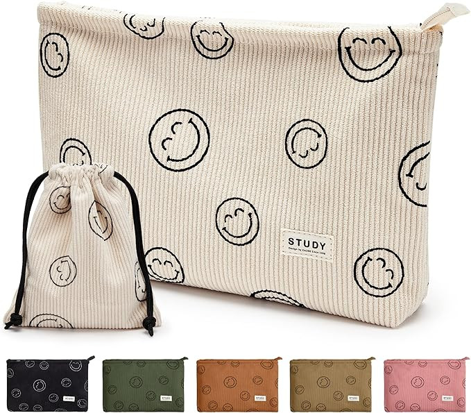 WLLWOO Makeup Bag-2pcs Smile Face Corduroy Cosmetic Bag Zipper Interior Waterproof Pencil Case Co... | Amazon (US)
