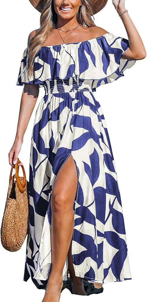 CUPSHE Womens Ruffle Floral Maxi Summer Dress Off Shoulder Beach Dress     Tube neck Short sleeve... | Amazon (US)