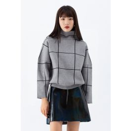Grid Turtleneck Sweater in Grey | Chicwish