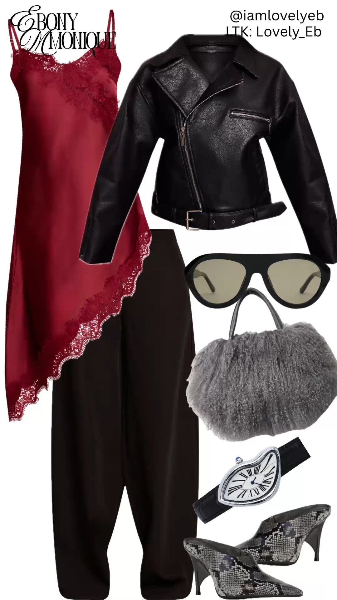 Sultry meets street-chic 🖤
A lace slip dress layered under a buttery leather jacket = instant cool-girl energy. Styled with tailored trousers, statement shades, a fur bag, and snake-print heels for that effortless day-to-night moment. ✨

#LTKU #LTKootd #LTKValentine