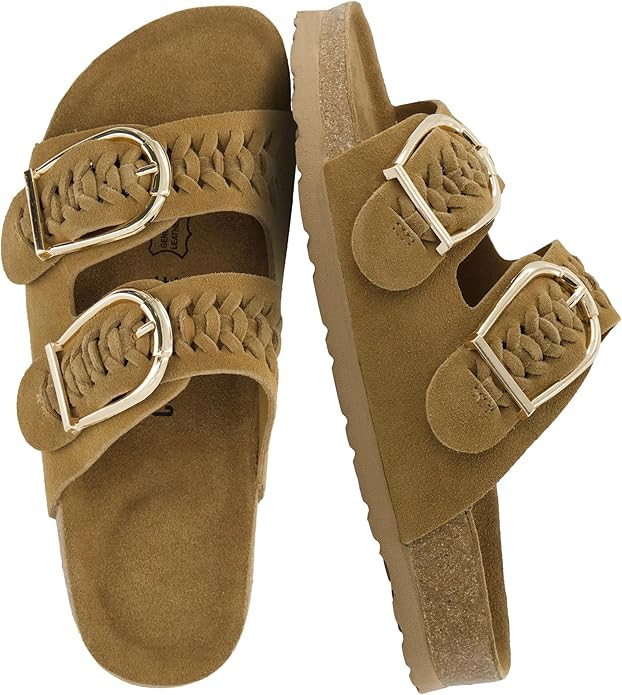 CUSHIONAIRE Cashew Slip On Womens Sandals, Genuine Suede Leather Braided Double Strap Slide On Sa... | Amazon (US)