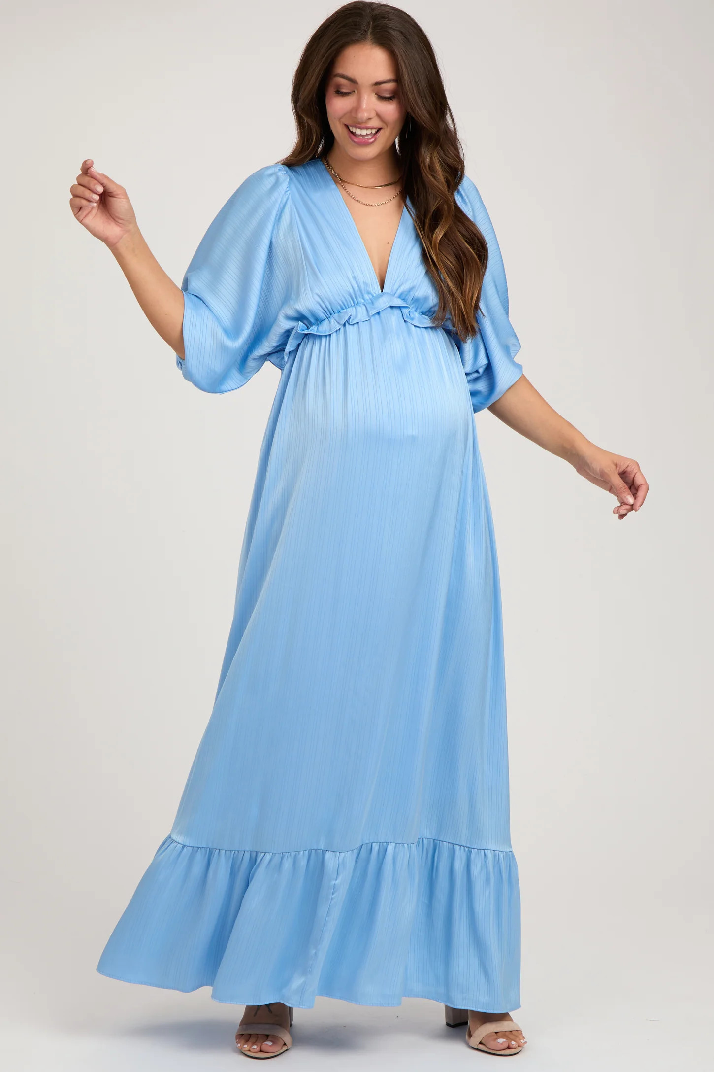 Beige Striped Ruffle Accent Maternity Maxi Dress | PinkBlush Maternity