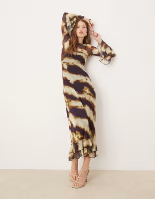 ASOS DESIGN mesh long sleeve ruffle maxi dress with tiered fluted sleeves in swirl print | ASOS (Global)
