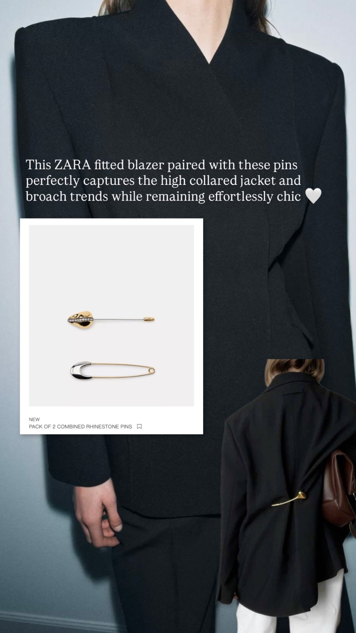 This ZARA collection fitted blazer paired with these pins perfectly captures the high collared jacket and broach trends while remaining effortlessly chic 🤍  perfect for a timeless yet modern capsule wardrobe #zara #blackblazer #minimal #chic 

#LTKuk #LTKstyletip #LTKdatenight