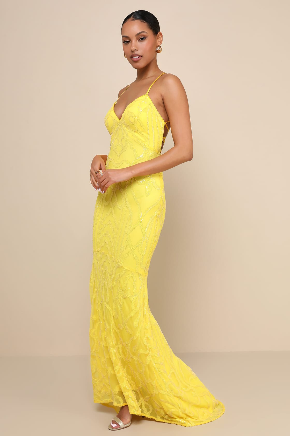 Perfect Enchantment Yellow Sequin Lace-Up Mermaid Maxi Dress | Lulus