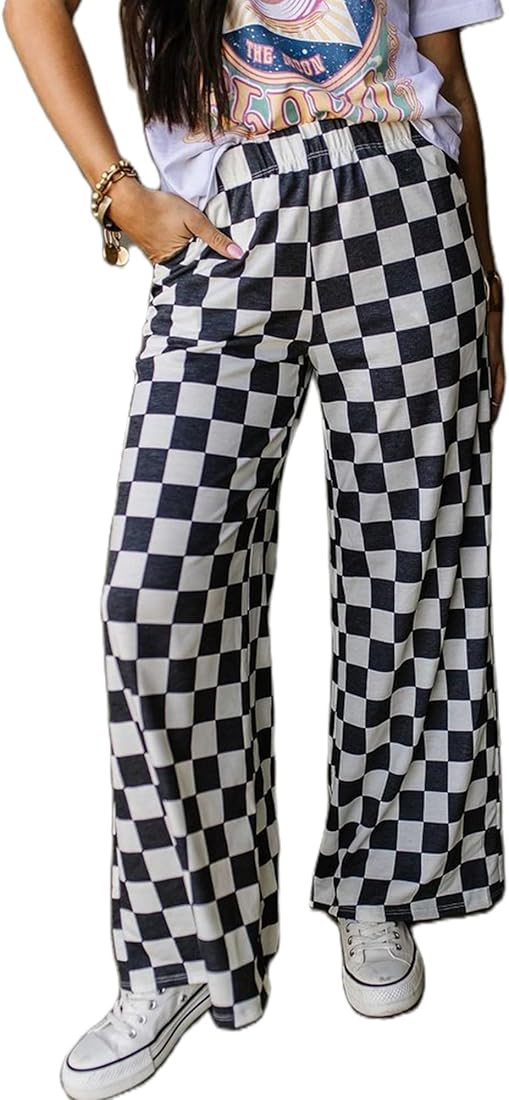Sunloudy Womens Checkered Wide Leg Pants High Elastic Waisted Straight Loose Fitted LoungeTrouser... | Amazon (US)