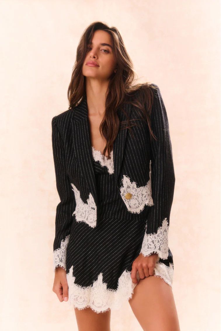 Icarus Pinstriped Lace-Detailed Jacket | LoveShackFancy