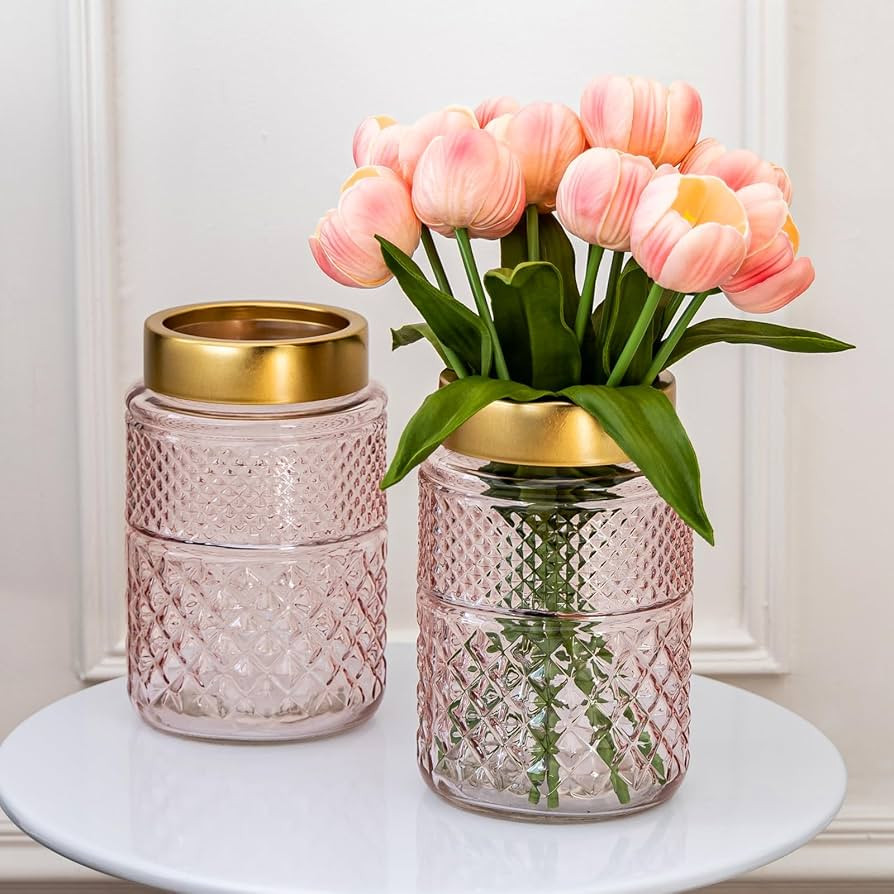 2-Pack Flower Vase Glass, Pink Fluted Vase with Golden Metal Top, Stylish Decorative for Tabletop... | Amazon (US)