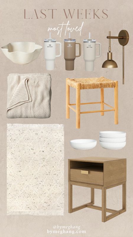Last weeks most loved items! New Stanley colors at target, scalloped bowl, brass sconce under $100, king or queen size knit bed blanket, woven ottoman on sale, neutral rug, fluted pasta bowls, and light wood nightstand under $200

#LTKFind #LTKhome