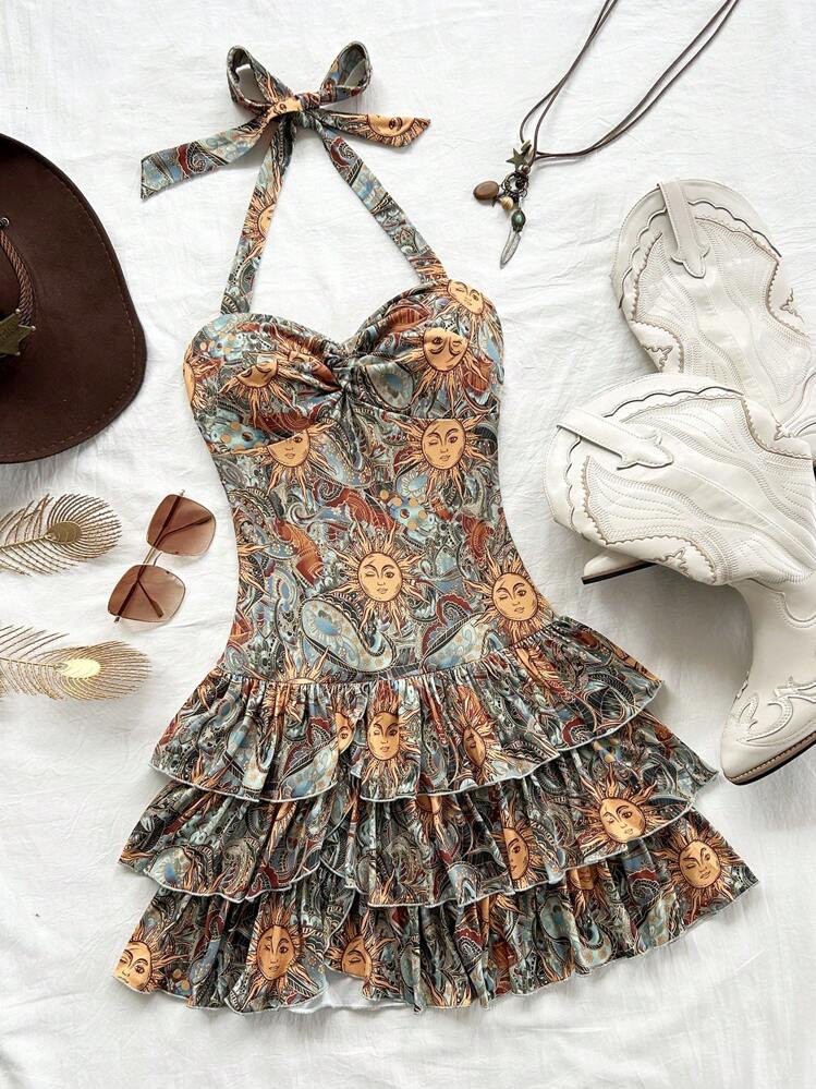 SHEIN WYWH Vacation Women's Apricot Mesh Sequin Patchwork Ruched A-Line Mini Dress | SHEIN