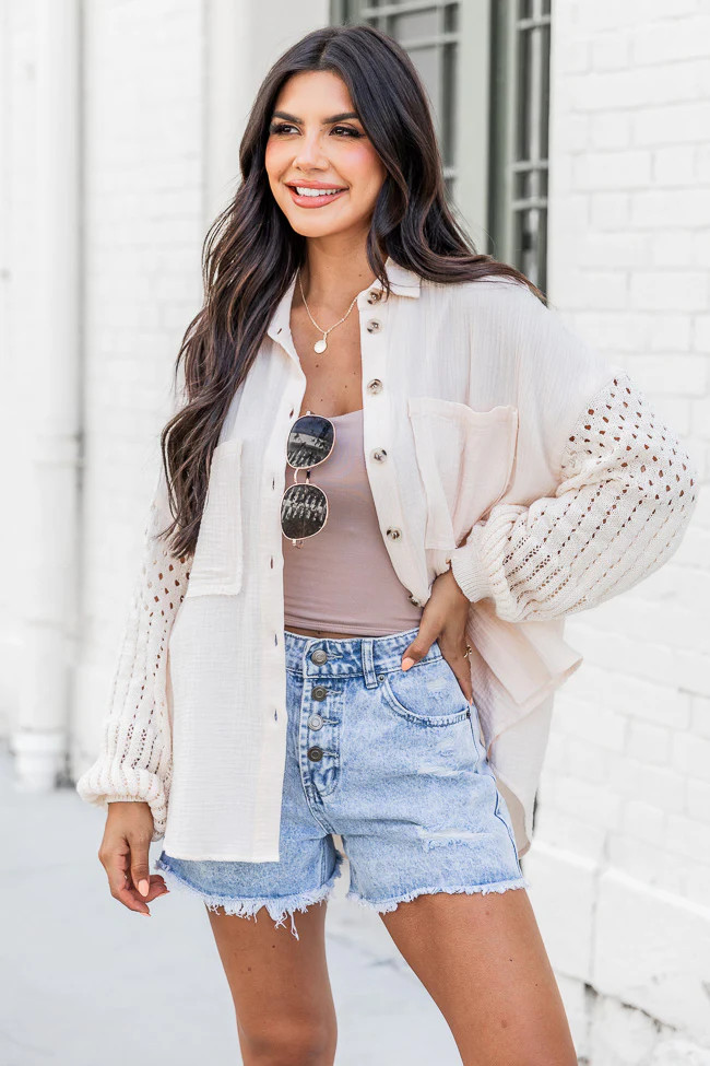 Keep Shining Cream Crochet Sleeve Gauze Shacket | Pink Lily