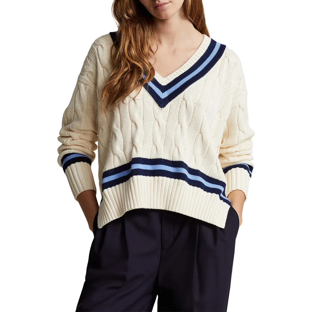 Polo Ralph Lauren Cabled Cotton Cricket Sweater in Cream W/Navy Stripe at Nordstrom, Size Medium | Nordstrom