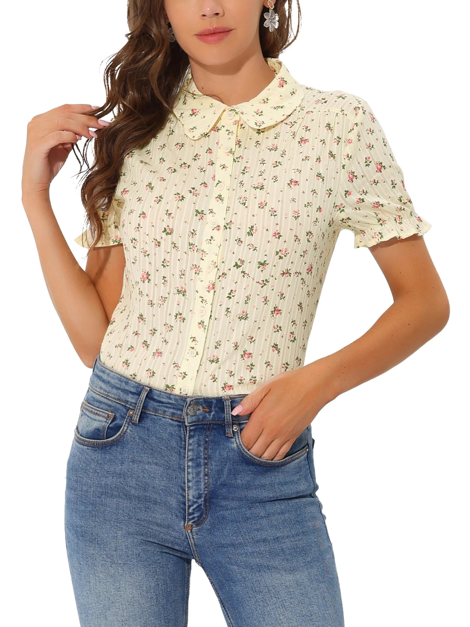 Allegra K Women's Floral Top Peter Pan Collar Cotton Short Sleeve Shirt | Walmart (US)
