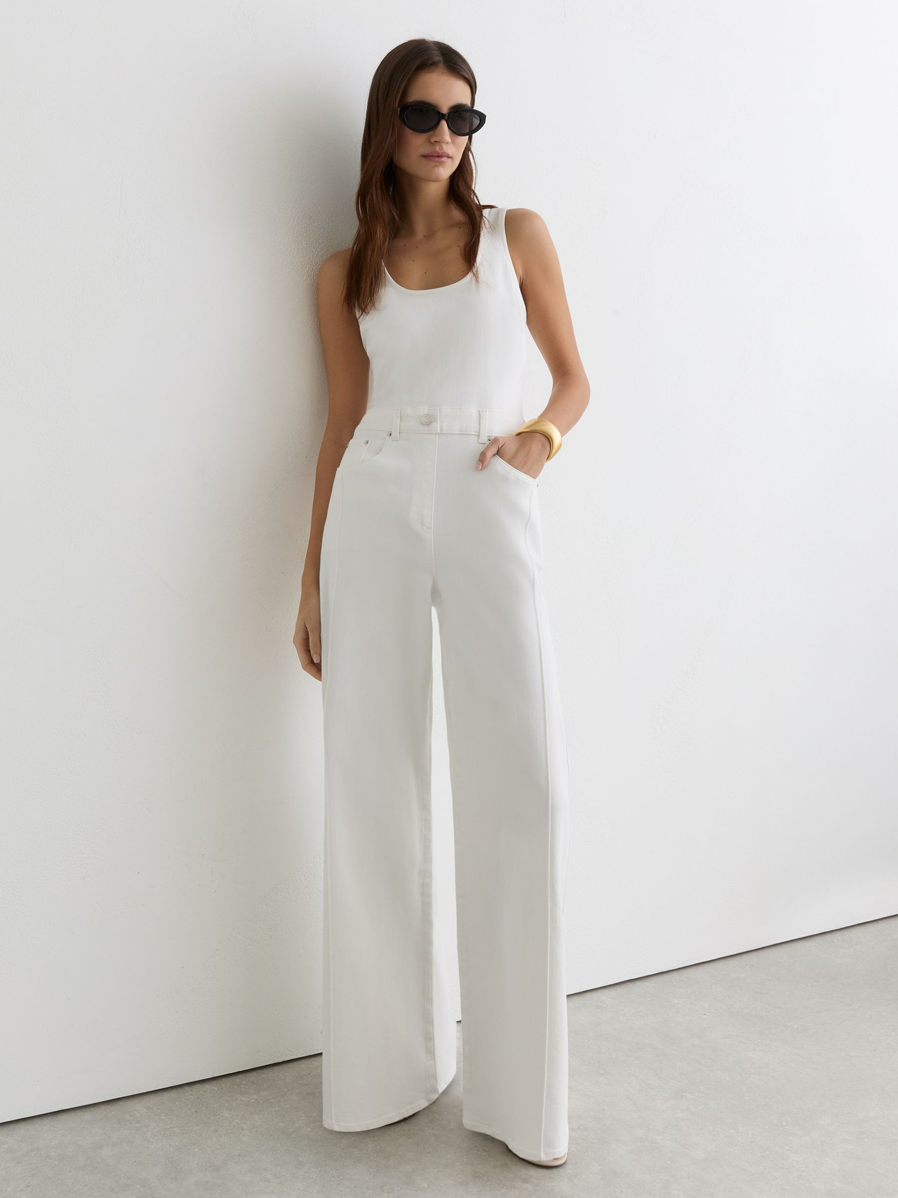 Wide-Leg Racer-Back Denim Jumpsuit in Cream | Reiss UK