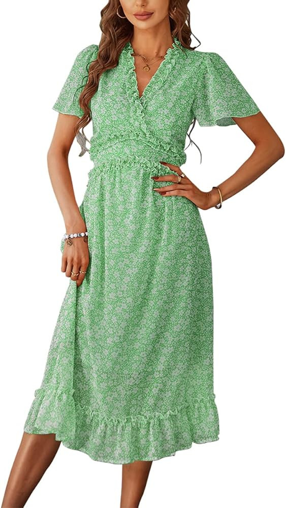 MOPOOGOSS Womens Fall Spring Summer Sexy V Neck Ruffle Long Sleeve Short Sleeve Floral Print A Line  | Amazon (US)