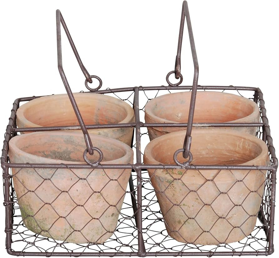 Esschert Design AT12 24 x 24 x 10cm Aged Terracotta 4 Pots in Wire Basket/Handle, Black | Amazon (UK)