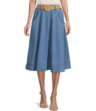 Denim High Elastic Waist Belted A-Line Midi Skirt | Dillard's
