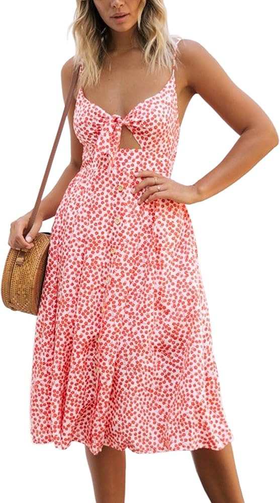 Women Dresses Summer Tie Front V-Neck Spaghetti Strap Button Down A-Line Backless Swing Midi Dres... | Amazon (US)