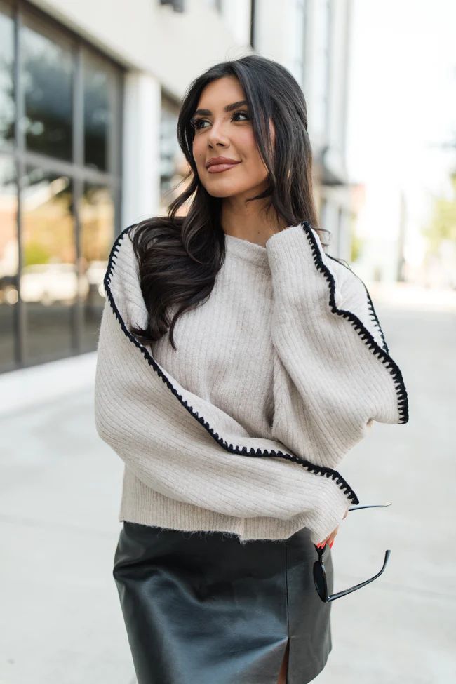 In and Out Taupe and Black Contrast Stitch Sweater | Pink Lily