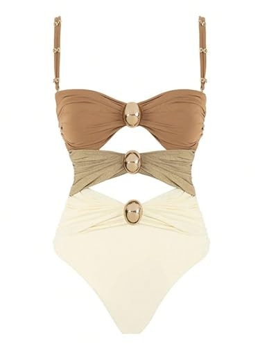 Narecte Gorgeous One Piece Swimsuit Women 2025 Womens Swimsuits Bathing Suit for Women Swimsuits One Piece Womens Bathing Suits Tummy Control Sexy Contrast Color Hollow Out Women's One-Piece Brown S | Amazon (US)