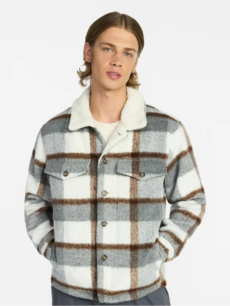 No Boundaries High-Pile Fleece Lined Plaid Overshirt, Men’s and Big Men’s | Walmart (US)