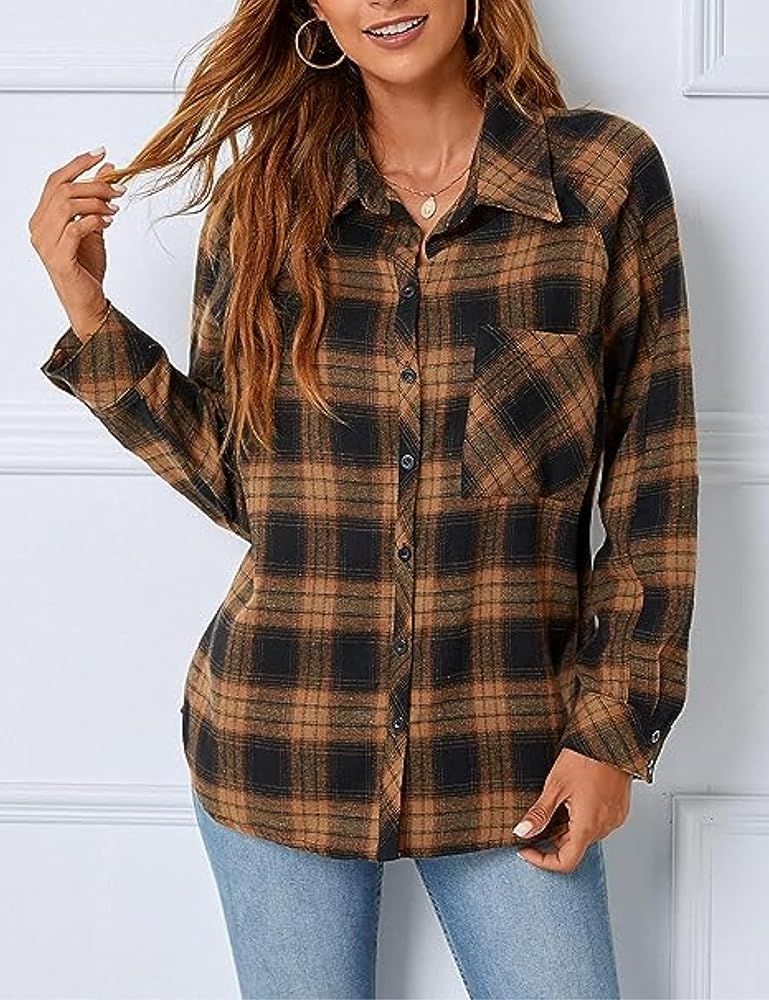 Oversized Flannel Shirts for Women Button Down Long Sleeve Drop Shoulder Buffalo Plaid Blouse Top... | Amazon (US)