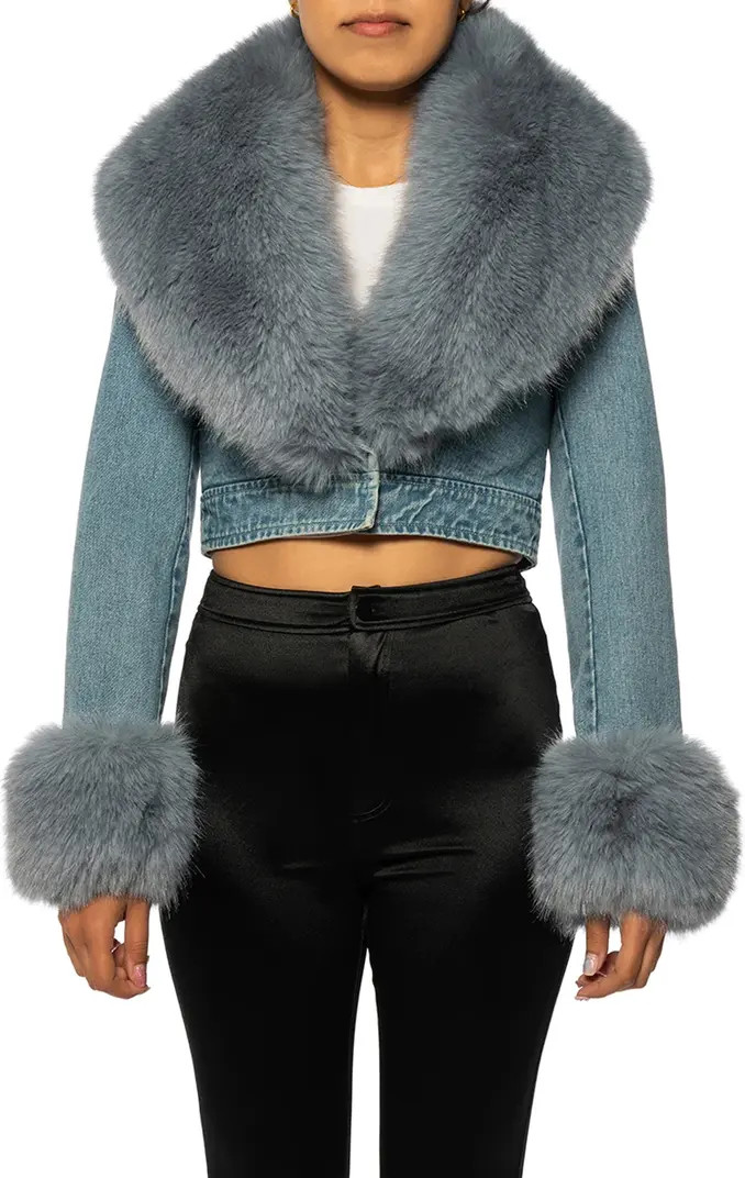 Denim Trucker Jacket with Faux Fur Cuffs & Removable Faux Fur Collar | Nordstrom