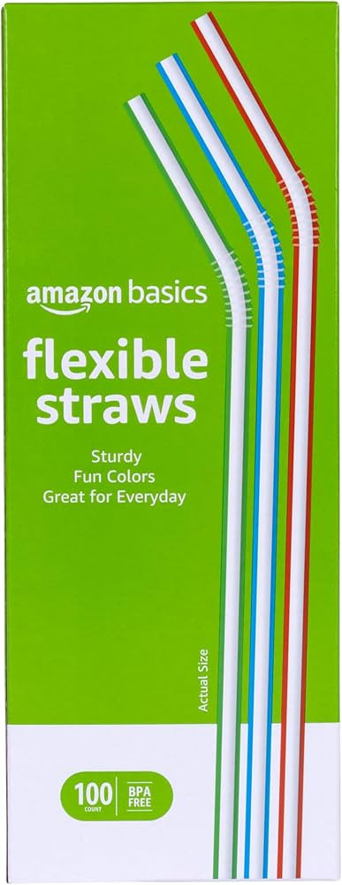 Amazon Basics Disposable Striped Plastic Flex Straws, Assorted Colors, 100 Count, Large Pack | Amazon (US)